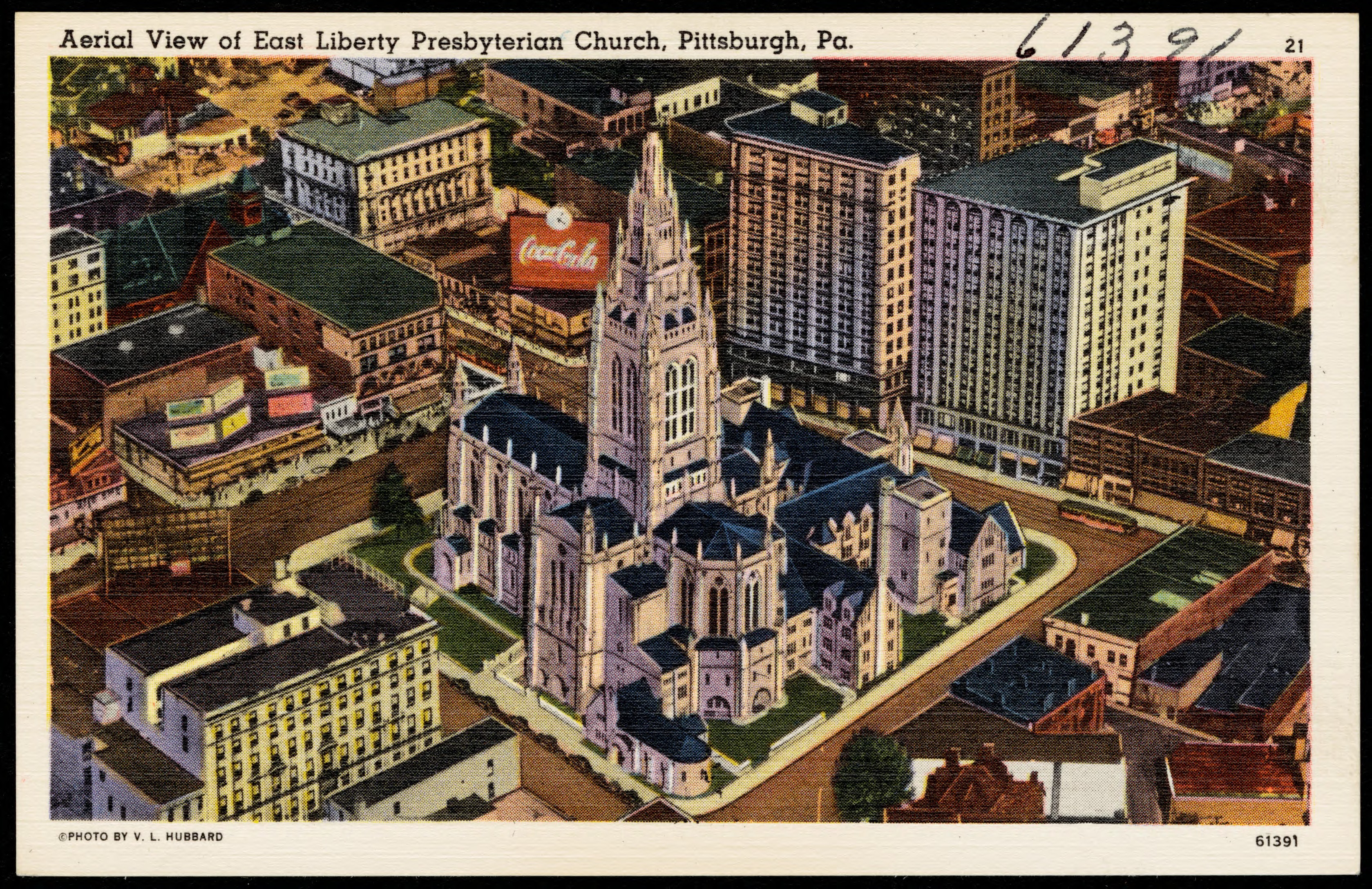 In this Tichnor Brothers linen card's aerial illustration, the former East Liberty YMCA, today the Ace Hotel, is located on the bottom left.